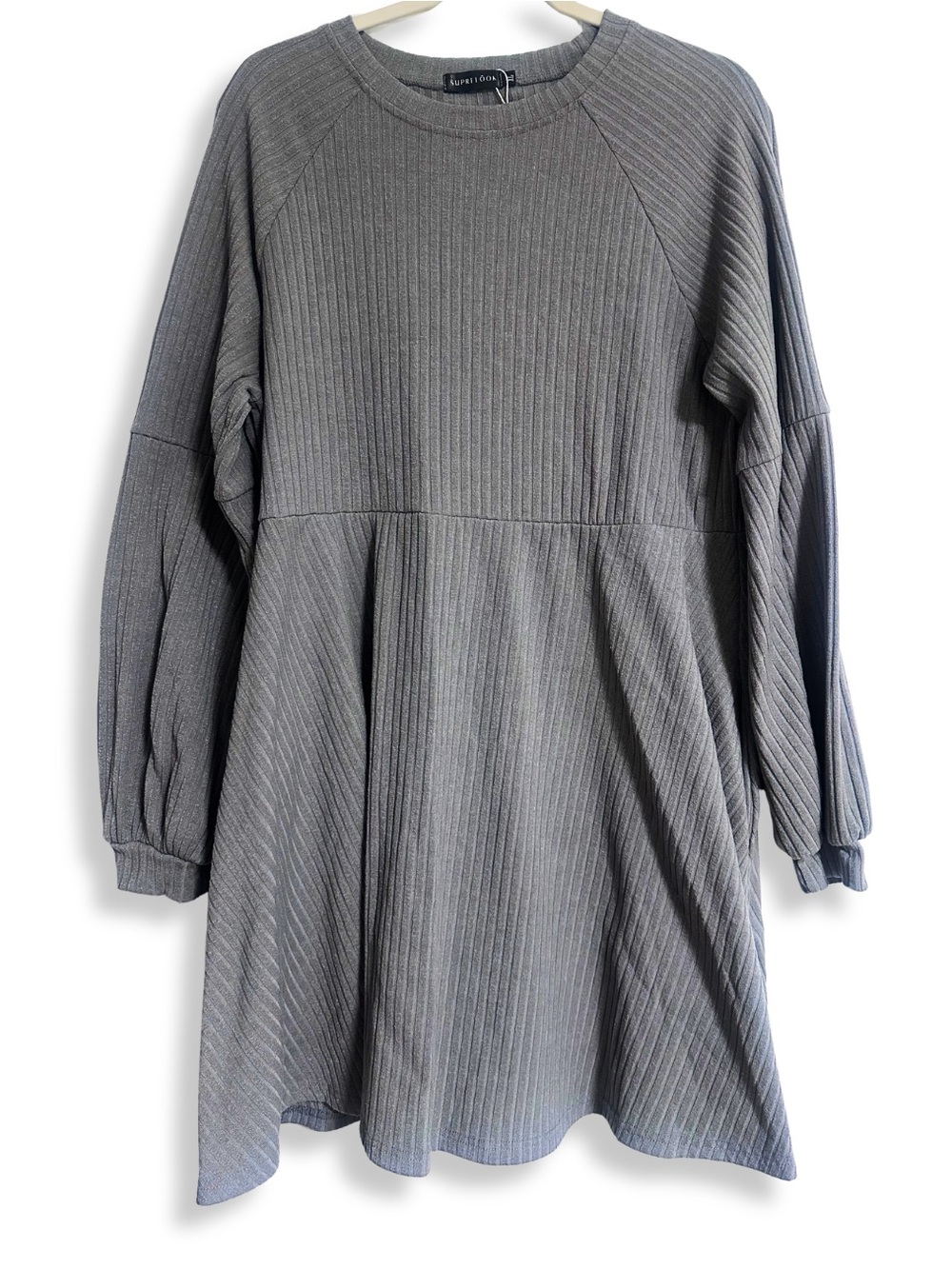 SUPRE Grey Ribbed Balloon Sleeve Womens Dress